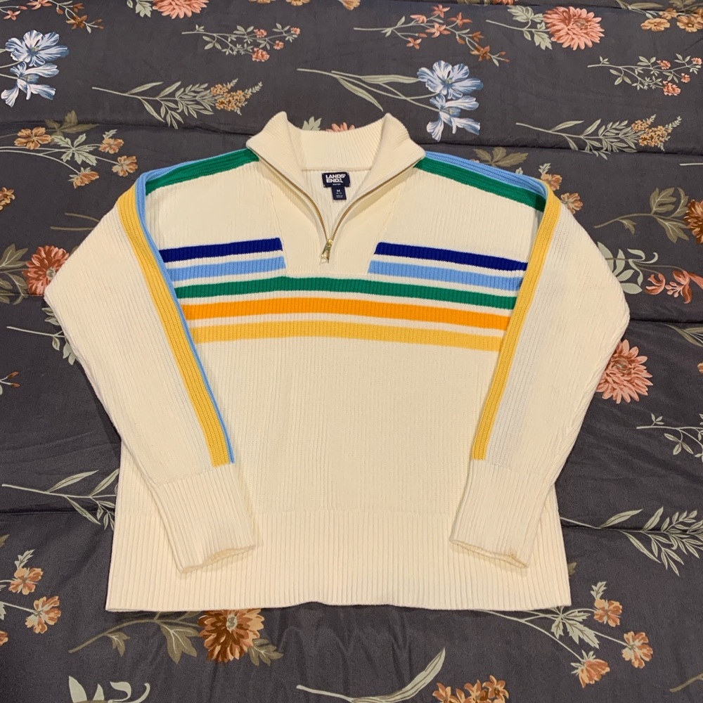 Lands' End Women's Drifter Quarter Zip Intarsia Sleeve Sweater Retro Cream M